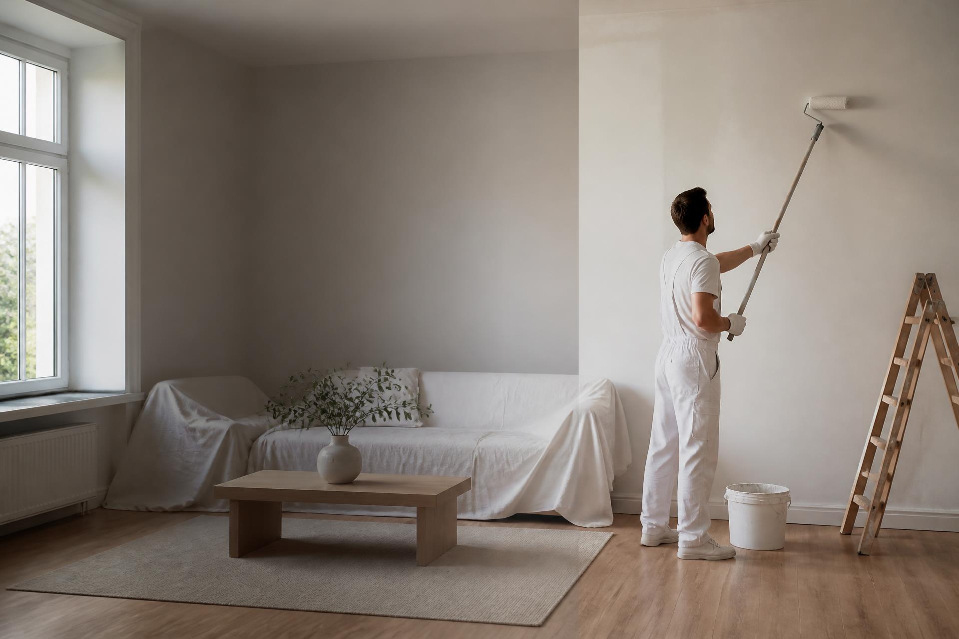 Malíř při práci ve světlém moderním interiéru